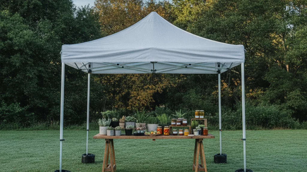 Plain white pop-up gazebo with weighted legs at a Johannesburg morning market