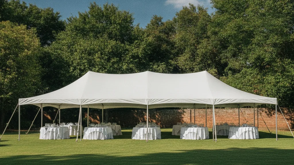 White clear-span frame marquee set with round tables on a Johannesburg garden lawn