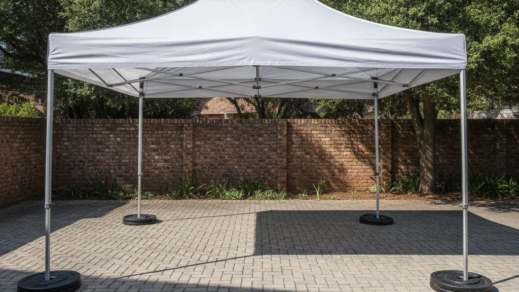 White frame tent on weight plates on paving in a Randburg suburban complex garden