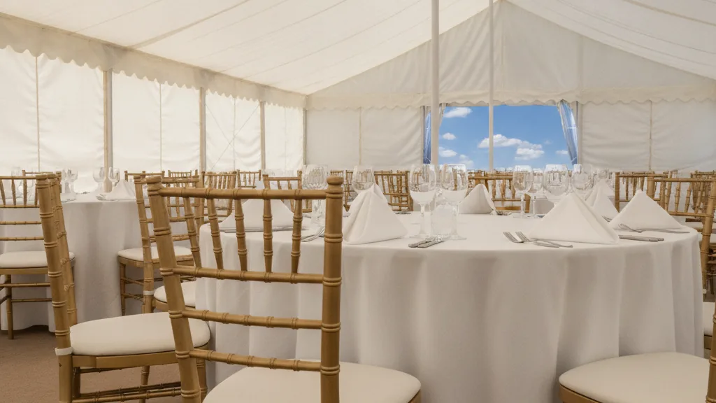 Gold Tiffany chairs at a linen-dressed round table inside a Johannesburg function tent